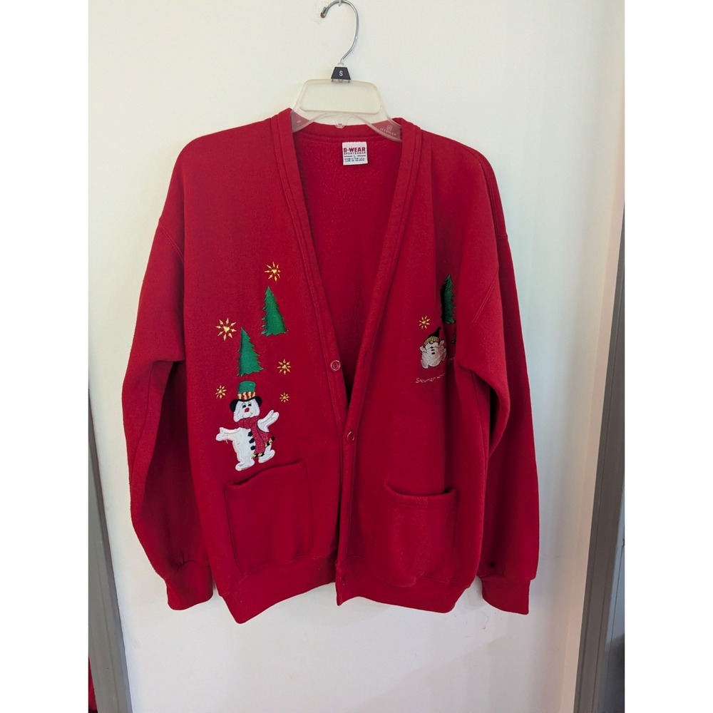Vintage B-Wear Knitwear Women's L Red Knit Snowmen V-Buttoned Cardigan
